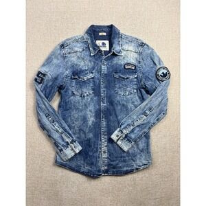 Americanino Italy Mens XS Slim Fit Acid Wash Denim Button Down Shirt Blue 2527